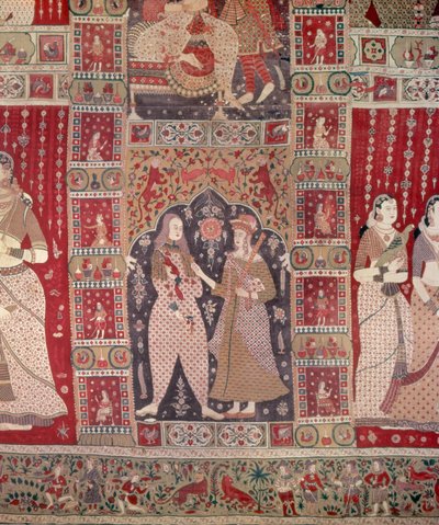 Detalle de un tapiz decorado con figuras europeas de Indian School