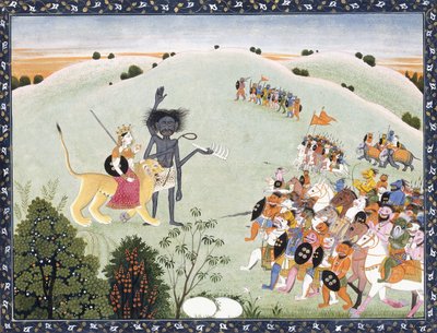 Durga y Kali ante el avance del ejército de demonios, c.1800-1820 de Indian School