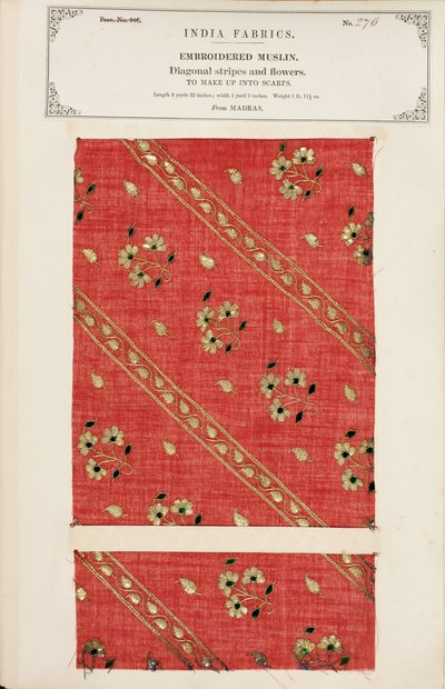 Muestra de muselina bordada de Madrás, de La Colección de los Fabricantes de Textiles de la India, por John Forbes Watson, publicada en 1866 de Indian School