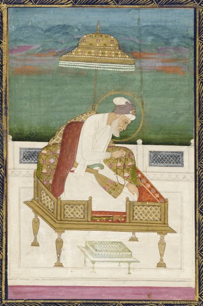 Emperador Aurangzeb; reverso: panel caligráfico, folio de álbum separado con pintura, 1619 de Indian School