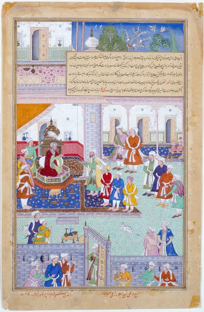El emperador Babur en la corte, periodo mogol, reinado de Akbar de Indian School