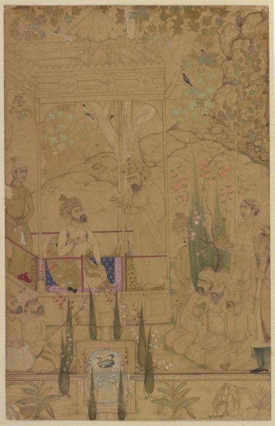 Emperador Babur con Asistentes en un Jardín, c.1590 de Indian School