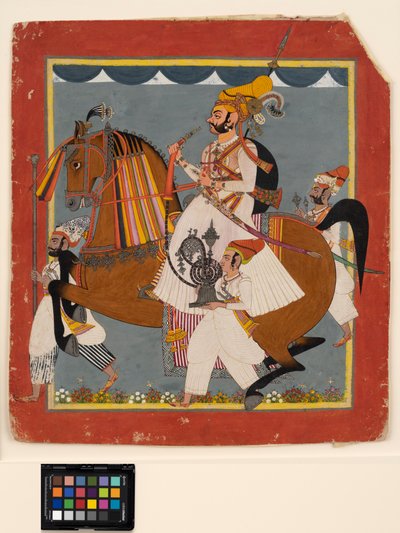 Raja Bhim Singh ecuestre con narguile y sirvientes, c.1820 de Indian School