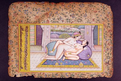 Escena erótica en un lujoso boudoir, pintura en miniatura de Rajastán de Indian School