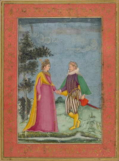 Caballero y dama europeos, vestidos con traje isabelino, ilustración de 