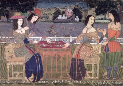 Europeos refrescándose en un balcón, Mughal, posiblemente Deccan de Indian School