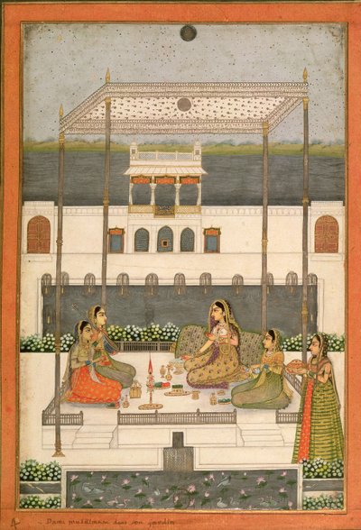 Fiesta vespertina en el jardín de un palacio mogol, Lucknow o Murshidabad, Bengala Occidental, 1760 de Indian School