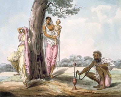 Familia: Hombre fumando una pipa de agua y niña haciendo yoga, c.1850 de Indian School