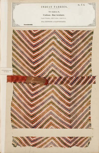 Muestra de turbante de algodón fino de Jeypoor en Rajpootana, de La Colección de los Fabricantes de Textiles de la India, por John Forbes Watson, publicado en 1866 de Indian School