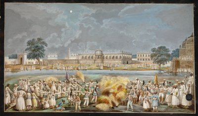 Exhibición de fuegos artificiales en una brillante noche de luna afuera del Agna Mahal, parte del palacio de Nawab junto al río en Murshidabad, c.1790-1800 (acuarela en papel) de Indian School
