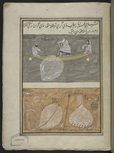 Pescador,  86 dibujos encuadernados en un volumen que representa oficios y ocupaciones en Cachemira, se muestra a los artesanos trabajando con sus implementos y equipos,  Por un artista de Cachemira, probablemente en Srinagar, c.1850-60 (gouache sobre pape de Indian School