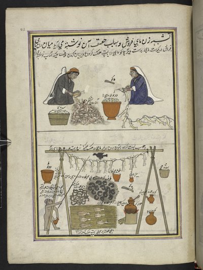 Pescaderos, Mujeres destripando pescado; hombre secando pescado,  86 dibujos encuadernados en un volumen que representa oficios y ocupaciones en Cachemira, se muestra a los artesanos trabajando con sus implementos y equipos,  Por un artista de Cachemira, p de Indian School