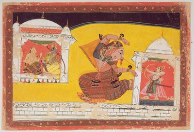 Folio 27 Laksmama corta la nariz de Surpanakha, del Ramayana, inscrito en el reverso en Devanagari, Malwa, Escuela Rajput, finales del siglo XVII de Indian School
