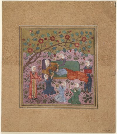 Folio de un Shahnama (Libro de los Reyes) de Firdawsi; Una mujer reclinada rodeada de asistentes de Indian School