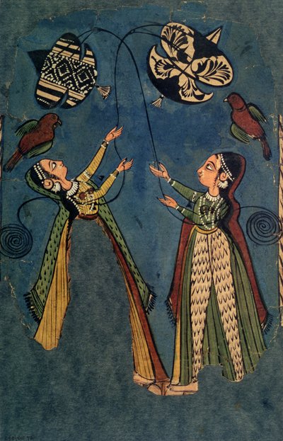Niñas volando cometas, pintura folclórica de Kulu, Himachal Pradesh de Indian School