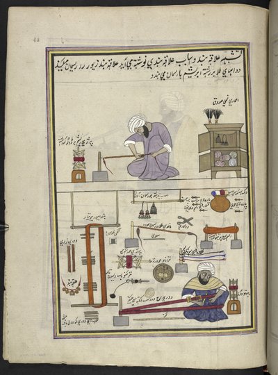 Cordilleras y trenzadoras de oro,  86 dibujos encuadernados en un volumen que representa oficios y ocupaciones en Cachemira, se muestra a los artesanos trabajando con sus implementos y equipos,  Por un artista de Cachemira, probablemente en Srinagar, c.185 de Indian School