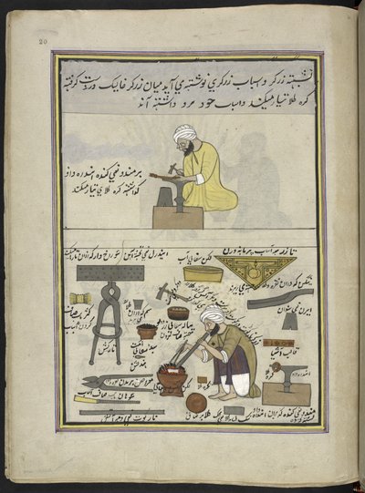 Orfebres haciendo joyas,  86 dibujos encuadernados en un volumen que representa oficios y ocupaciones en Cachemira, se muestra a los artesanos trabajando con sus implementos y equipos,  Por un artista de Cachemira, probablemente en Srinagar, c.1850-60 (gou de Indian School