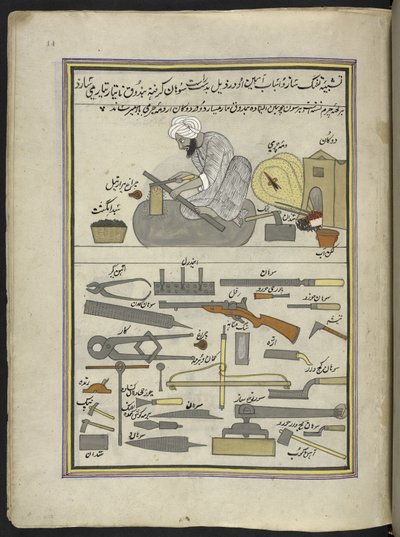 Armero,  86 dibujos encuadernados en un volumen que representa oficios y ocupaciones en Cachemira, se muestra a los artesanos trabajando con sus implementos y equipos,  Por un artista de Cachemira, probablemente en Srinagar, c.1850-60 (gouache sobre papel) de Indian School