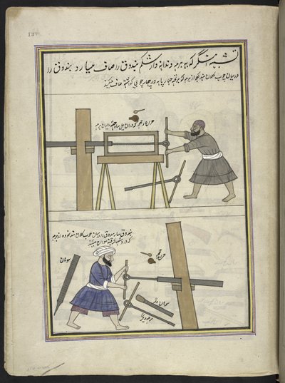Armeros perforando el cañón de una pistola,  86 dibujos encuadernados en un volumen que representa oficios y ocupaciones en Cachemira, se muestra a los artesanos trabajando con sus implementos y equipos,  Por un artista de Cachemira, probablemente en Srina de Indian School
