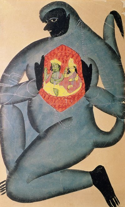 Hanuman revelando a Rama y Sita consagrados en su corazón, pintado por un miembro de la casta Patua, 1880 de Indian School