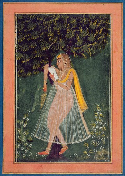 Dama hindú leyendo una carta de amor bajo un árbol (gouache, tinta y oro sobre papel) de Indian School
