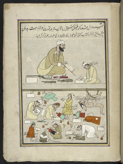 Profesor hindú con alumnos,  86 dibujos encuadernados en un volumen que representa oficios y ocupaciones en Cachemira, se muestra a los artesanos trabajando con sus implementos y equipos,  Por un artista de Cachemira, probablemente en Srinagar, c.1850-60 ( de Indian School