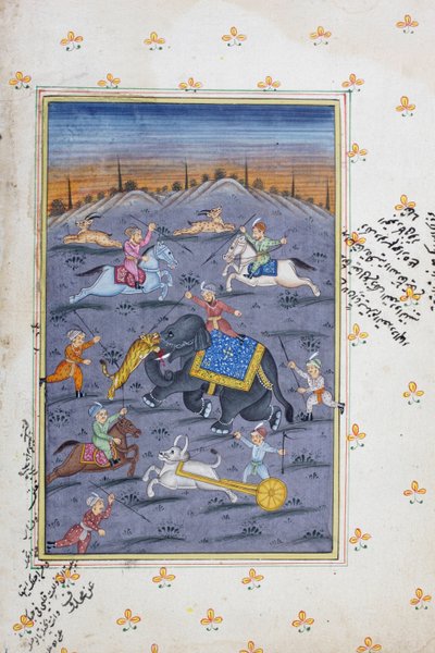 Escena de caza, pintura en miniatura de Rajastán de Indian School