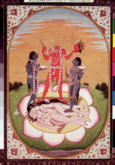 Icono de Chinnamasta, la Mahavidya surgida de los cuerpos unidos de la Pareja Originaria, Kangra, c.1800 (gouache sobre papel) de Indian School