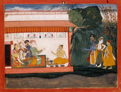 Ilustración del Bhagvata Purana que representa a Balarama tomando a Akrura de la mano con su hermano menor Krishna, c.1700 de Indian School