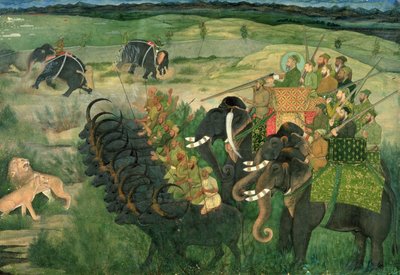 Aurangzib cazando leones de Indian School
