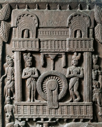 Arte indio, hinduismo: bajorrelieve que representa la última visita del rey Prasenjit II a Gautama Buda (Buda). Siglo II a.C. Kolkata, Museo Indio de Indian School