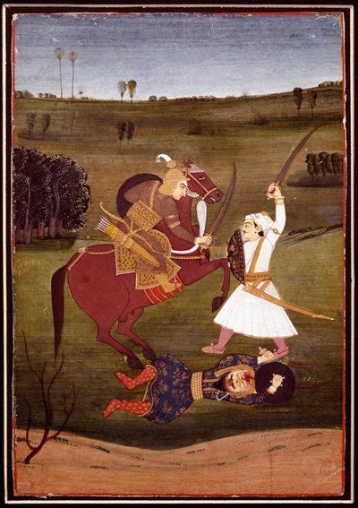 Arte indio: "batalla entre un príncipe a caballo y un guerrero" Un demonio tendido en el suelo. Miniatura de la escuela de Bikaner. 1765 Colección privada de Indian School