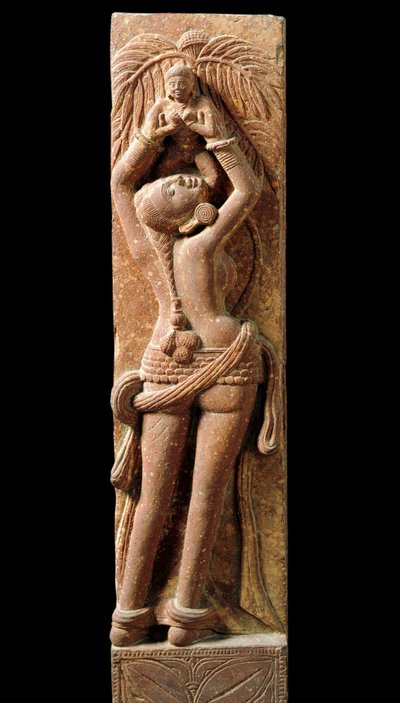 Arte indio: medias de relieve que representan a una madre y su hijo. Periodo Kouchane 1er siglo - Nueva Delhi, museo nacional de Indian School