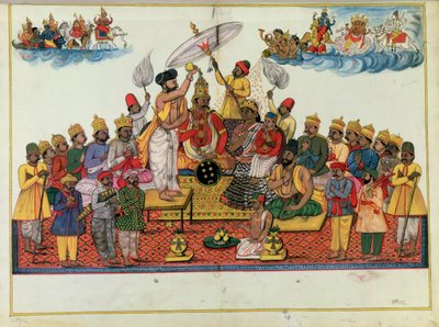 Indra, rey de los dioses, siendo ungido con soma de Indian School