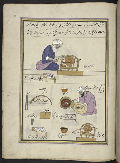 joyeros puliendo gemas,  86 dibujos encuadernados en un volumen que representa oficios y ocupaciones en Cachemira, se muestra a los artesanos trabajando con sus implementos y equipos,  Por un artista de Cachemira, probablemente en Srinagar, c.1850-60 (goua de Indian School