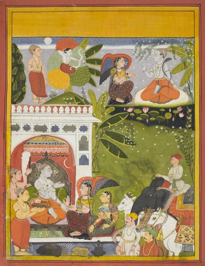 Kama dispara una flecha de amor a Shiva, página de una copia del Gita-Gauri, Canción de Gauri de Indian School