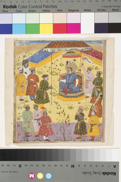 Kavus sostiene la corte, c.1610 de Indian School