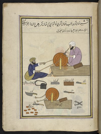 afiladores de cuchillos,  86 dibujos encuadernados en un volumen que representa oficios y ocupaciones en Cachemira, se muestra a los artesanos trabajando con sus implementos y equipos,  Por un artista de Cachemira, probablemente en Srinagar, c.1850-60 (gou de Indian School