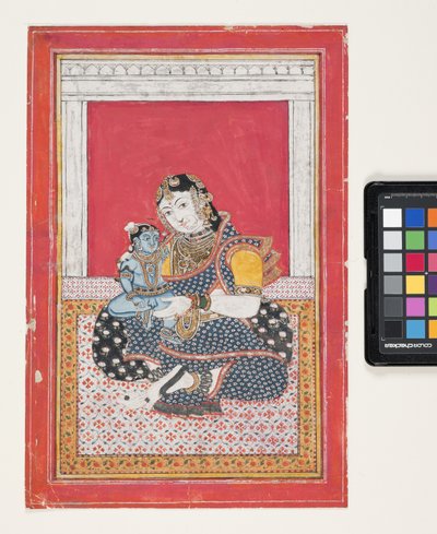 Krishna And Yashoda (gouache, plata y pan de oro sobre papel) de Indian School
