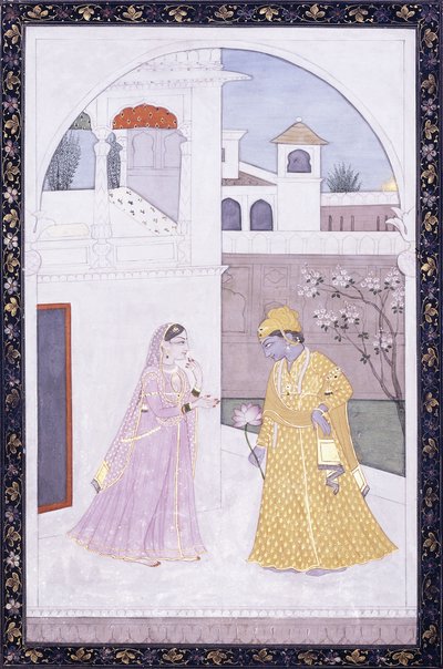 Krishna sostiene una flor de loto, su amante en un sari rosa, c. 1800 de Indian School