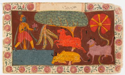 Krishna y vacas en un estanque, de un Bhagavata Purana de Indian School