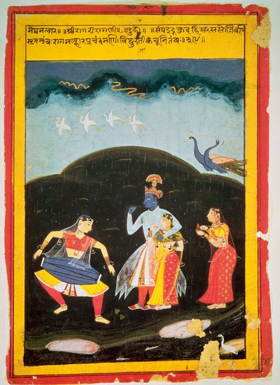 Krishna y Radha bajo la lluvia con dos músicos, Rajasthan de Indian School