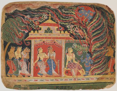 Krishna llevado por el demonio del torbellino, del Bhagavata Purana. c.1520-30 de Indian School