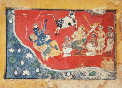 Krishna derrota a un demonio junto a un río de Indian School