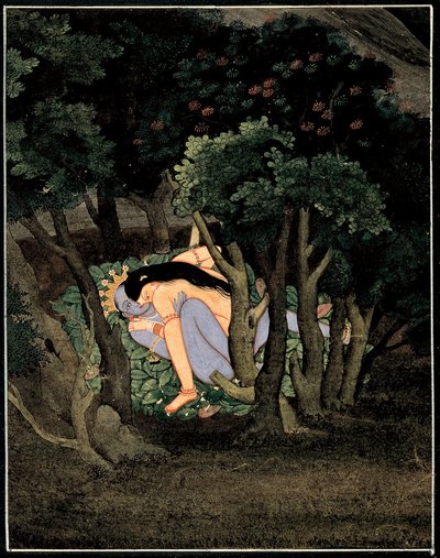 Krishna enlace de Radha (Krishna abrazado por Radha) - Art India, gouache sur papier, vers 1775 de Indian School