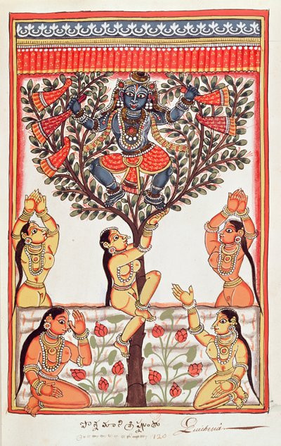 Krishna robando la ropa de las Gopi que nadan en el Río Yamuna de Indian School