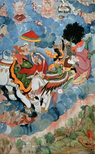 Combate de Krishna con Indra, c.1590 de Indian School