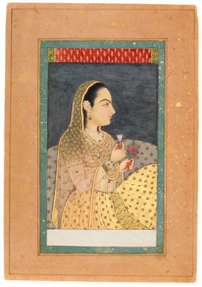 Dama sosteniendo una copa y una flor, principios del siglo XVIII de Indian School