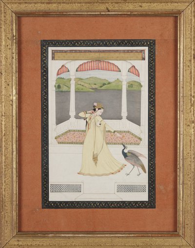 Dama seduciendo a un pavo real con un collar de perlas, c.1800 (gouache y oro sobre papel) de Indian School