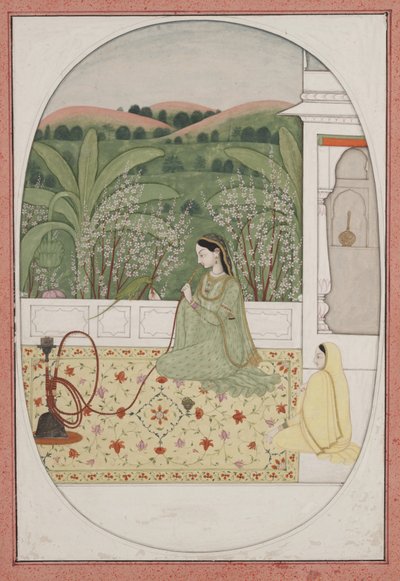 Dama en una terraza con un narguile, c.1770 (gouache y oro sobre papel) de Indian School